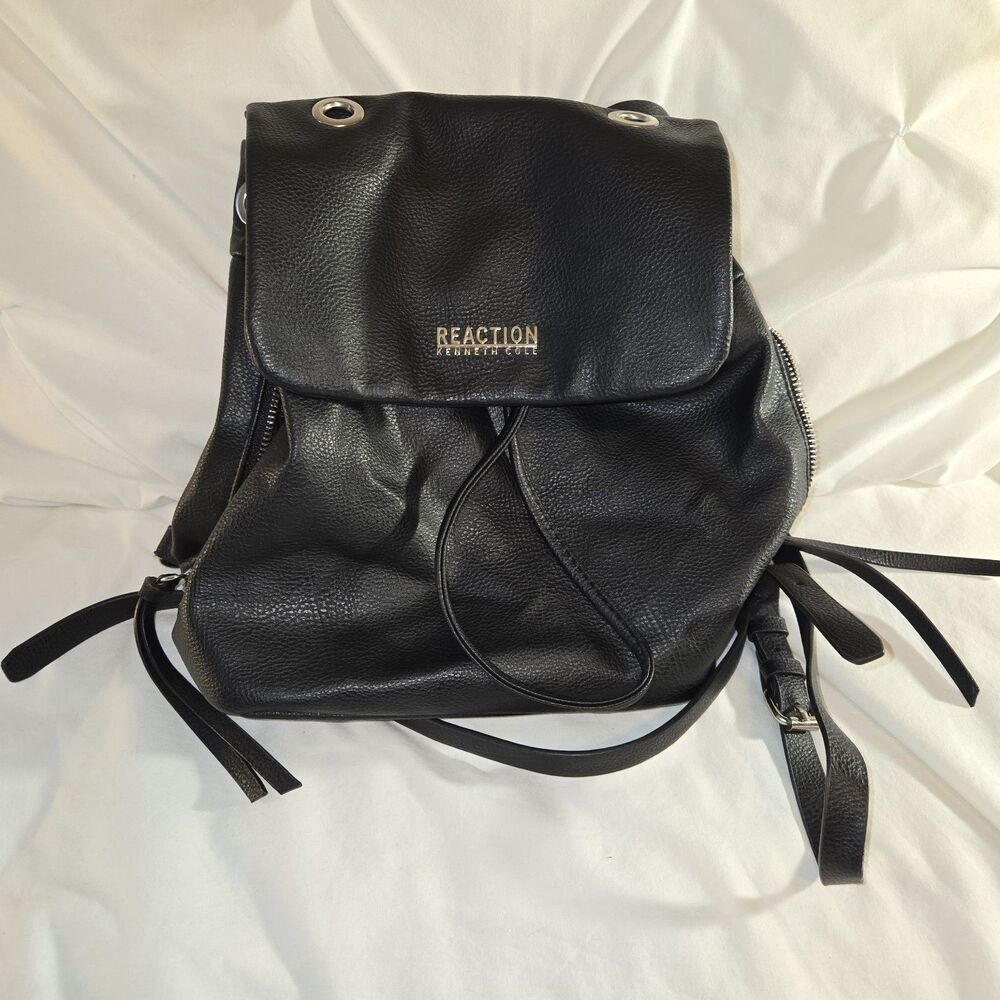 Reaction Kenneth Cole Black Faux Leather Vegan Purse Mini Backpack Bucket Bag